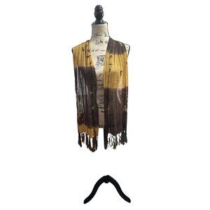 Boho Bamboo Print Lightweight Scarf/Shawl With Fringe Brown & Gold